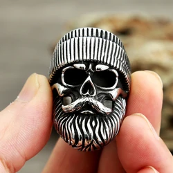 Retro Gothic Hat Big Beard Skull Ring For Men Boys Stainless Steel Punk Street Biker Skull Rings Fashion Jewelry Gift Wholesale
