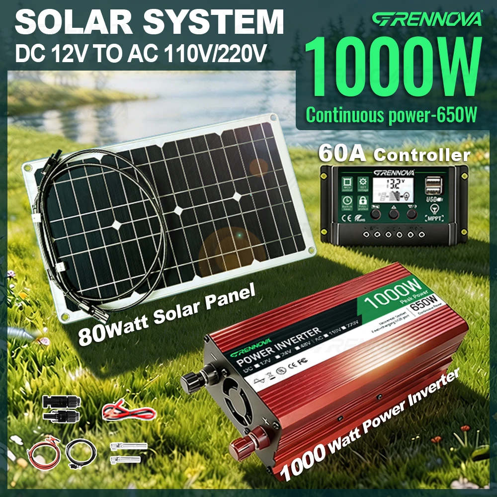 GRENNOVA 1000W(Peak）Solar Kit 80W Panel 60A Controller Inverter (Continuous 650W) 12V To 110V 220V for Park Home Weekend Camping