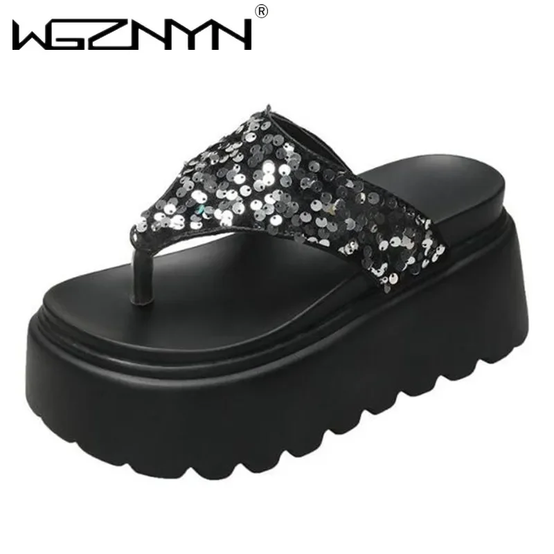 

8CM Summer Women Bling Flip-Flops Chunky Beach Shoes Ladies Wedge Heels Leather Slippers Woman Platform Slides Outside Sandals