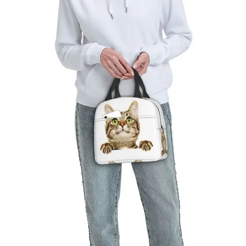 Niestandardowa torba na lunch Funny Cat Peeking Women Cooler Thermal Insulated Lunch Container Box dla dzieci Szkoła Praca Piknik Torby na żywność