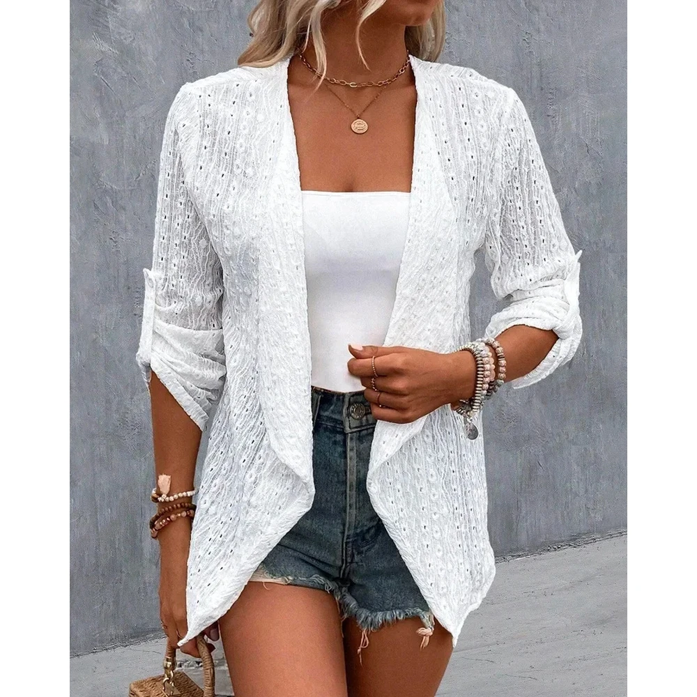 Autumn Women Eyelet Embroidery Roll Up Long Sleeve Open Front Coat Femme Casual White Jackets Lady Daily Outfits Blazer Ceketler