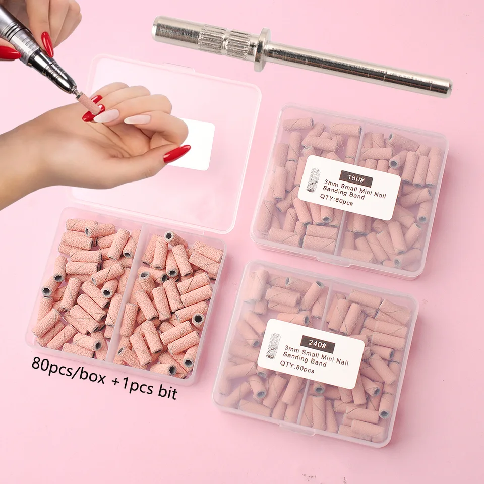 Caja de 80pzas Bandas de Lijado Rosadas 3.1mm Mini Kits de Fresas para Uñas Mandriles Accesorios Eléctricos de Manicura Herramienta Quitacutículas 2