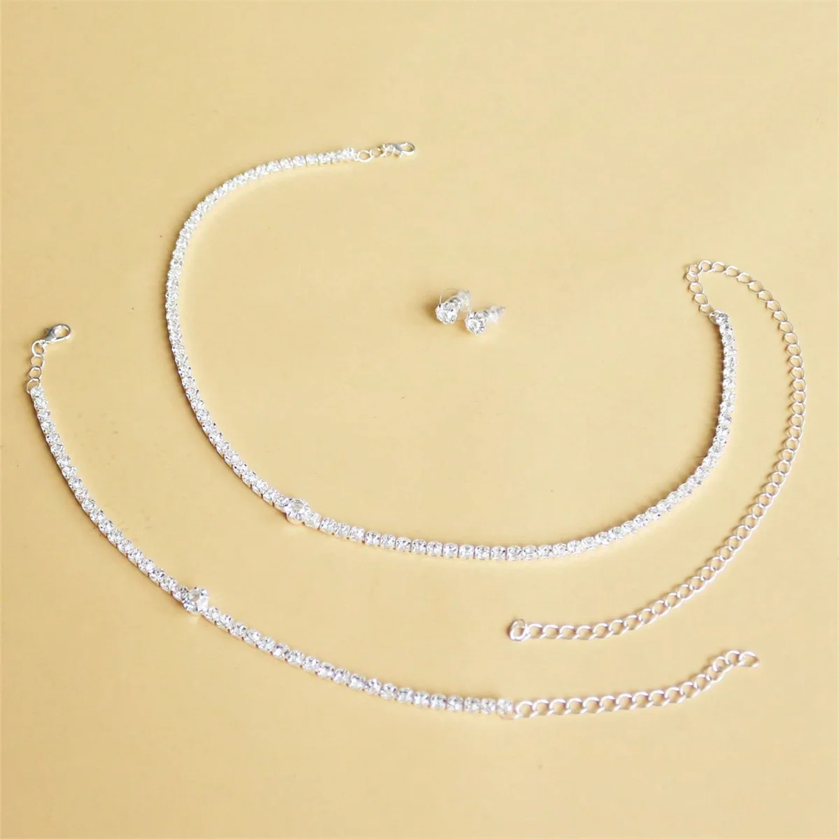 Elegancki Kryształowy Zestaw Biżuterii Ślubnej: Naszyjnik, Bransoletka, Kolczyki, Stylowy Minimalistyczny Komplet z Cyrkoniami, Akcesoria dla Kobiet, Prezent Ślubny