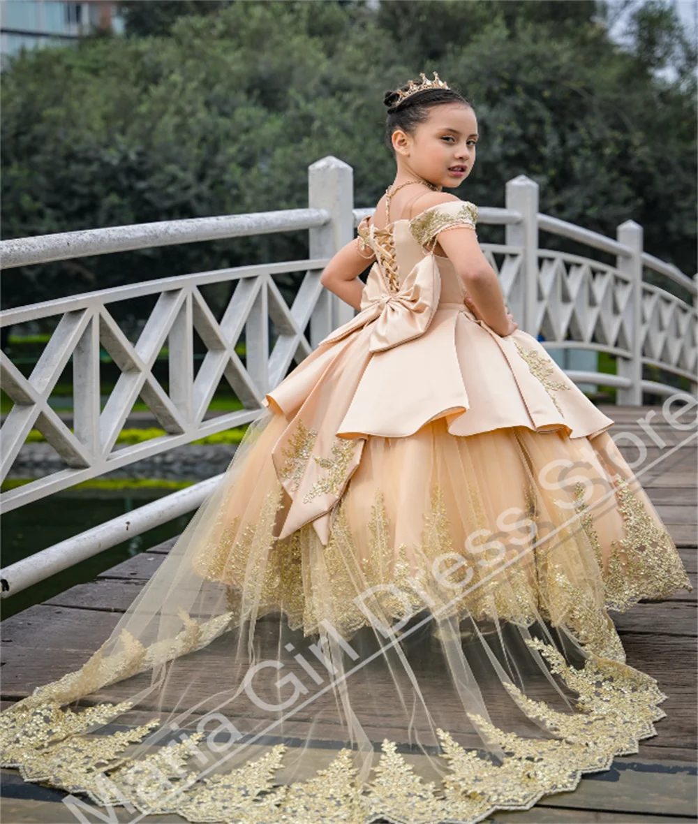 

Detachable Trailing Flower Girl Dress Fluffy Gold Lace Sheer Straps Elegant First Communion Children's Birthday Dress