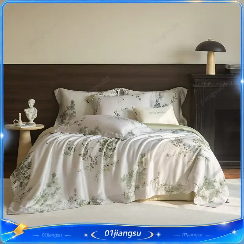 High Count Lyocell Silky Cooling Bedding Set Green Leaf Print Duvet Cover Sheet Pillowcases King Queen Size Soft Breathable