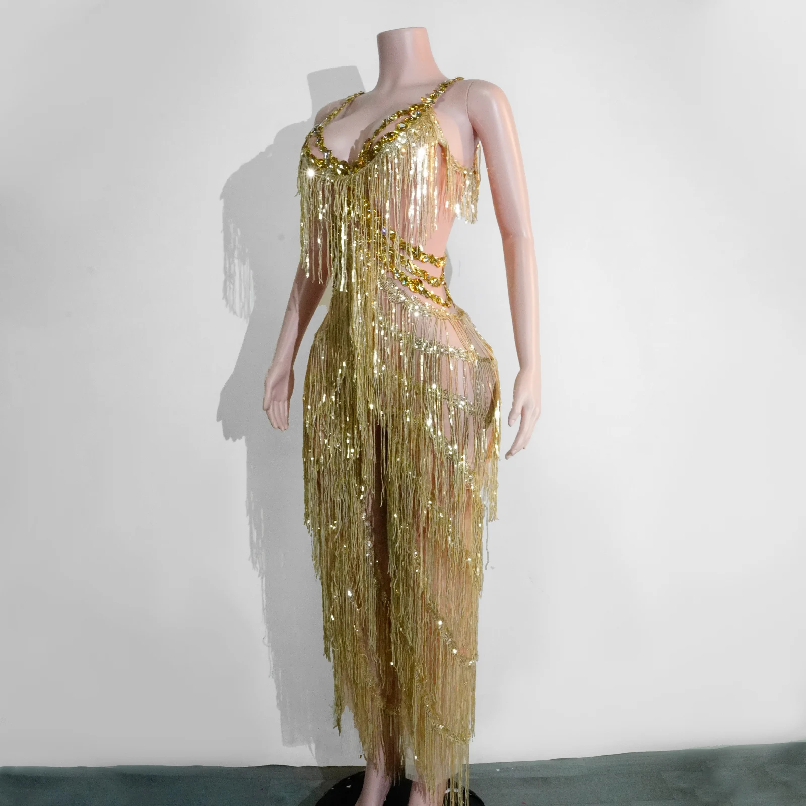 luxury sexy gold fringes jumpsuit sparkle rhinestones club party birthday outfits women drag queen pole dance festival costume