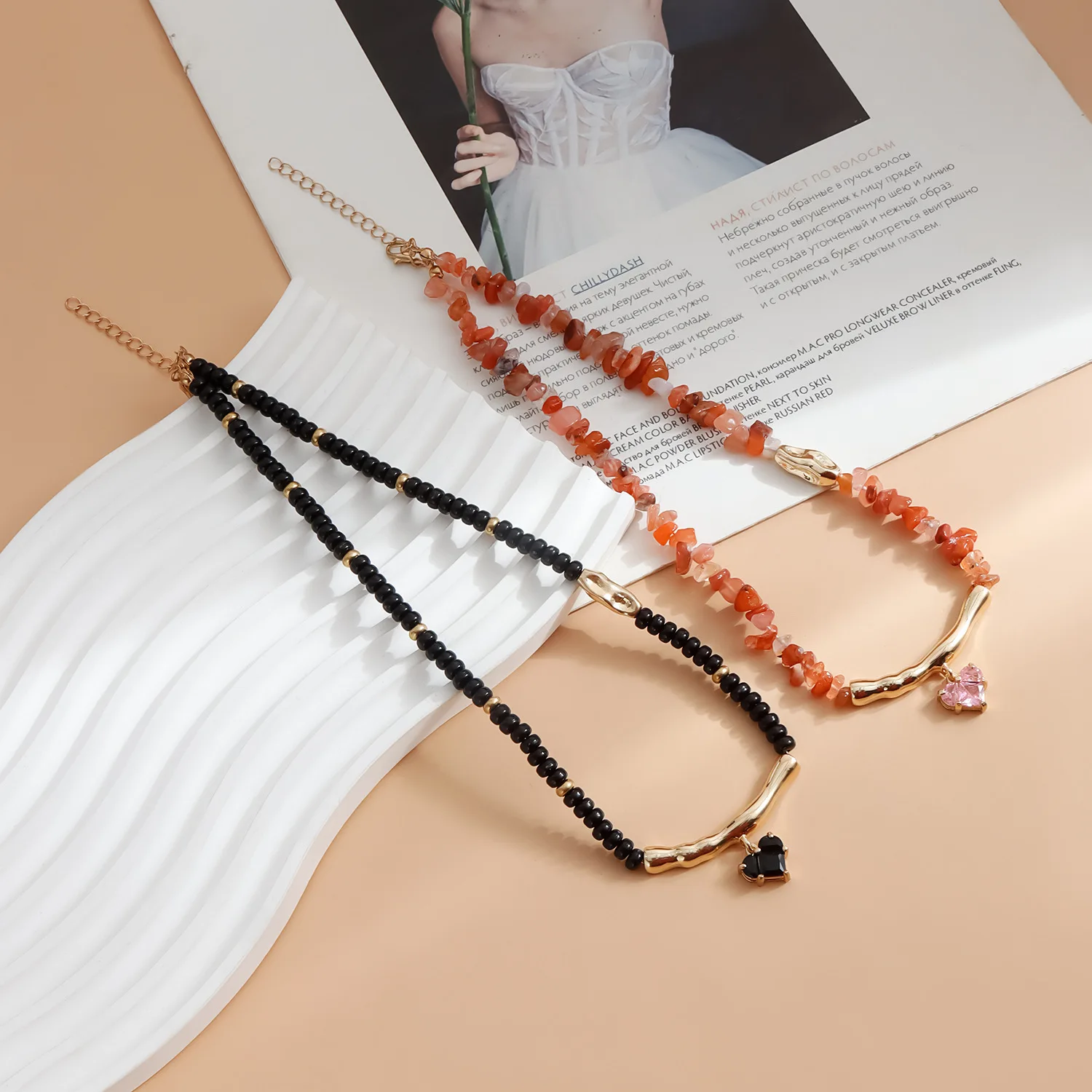 Fashion Gothic Vintage Sexy Zircon Heart Pendant Necklace for Women Female Boho Baroque Irregular Glass Beads Necklace Jewelry