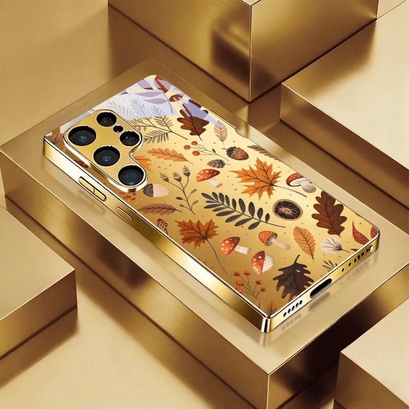 Fall Mushroom Leaf Electroplated Golden Phone Case For Samsung A31 A51 A71 A12 A22 A32 A42 A52 A72 A13 A23 A33 53 31 Glass Cover