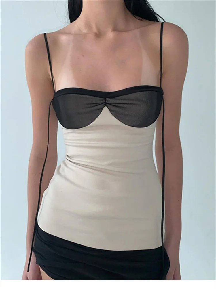 Nibber Patchwork Panelled Women Mini Dress Concise Tassel Wrapped Chest Irregular Backless Super-Short Vestido Trend Streetwear