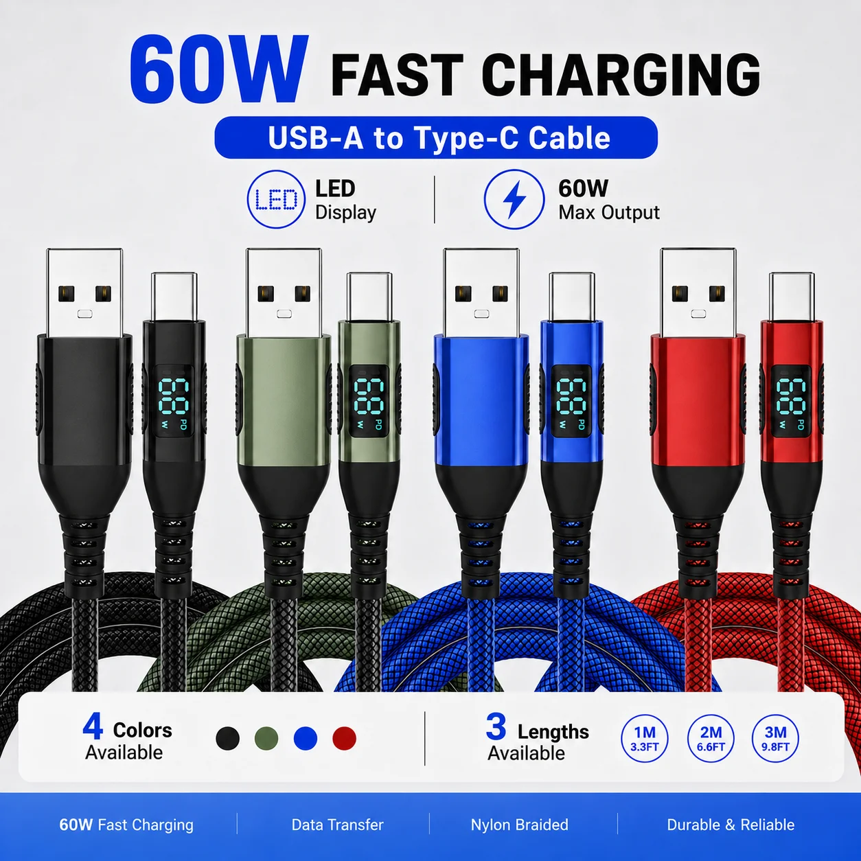 60W USB A to USB C Fast Charging Cable with LED Digital Display, Braided Type C Charger Cord 480Mbps for Laptop Phone Tablet