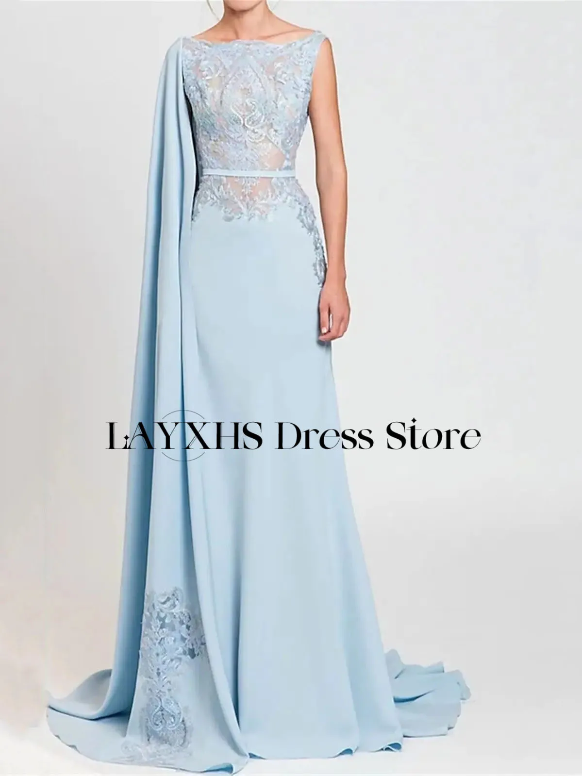 فساتين سهرة أنيقة برقبة قارب من LAYXHS مزينة بالدانتيل مع شال للحفلات الراقصة مخصصة من Fساتين Sheer