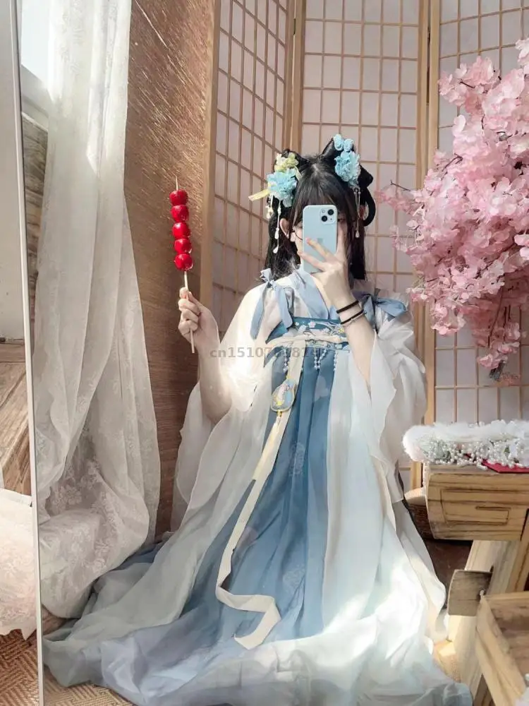 女性唐王朝七雄ルクン漢服ブルーグラデーション薄手の刺繍プリントプリーツスカート中国衣装夏の日常衣装