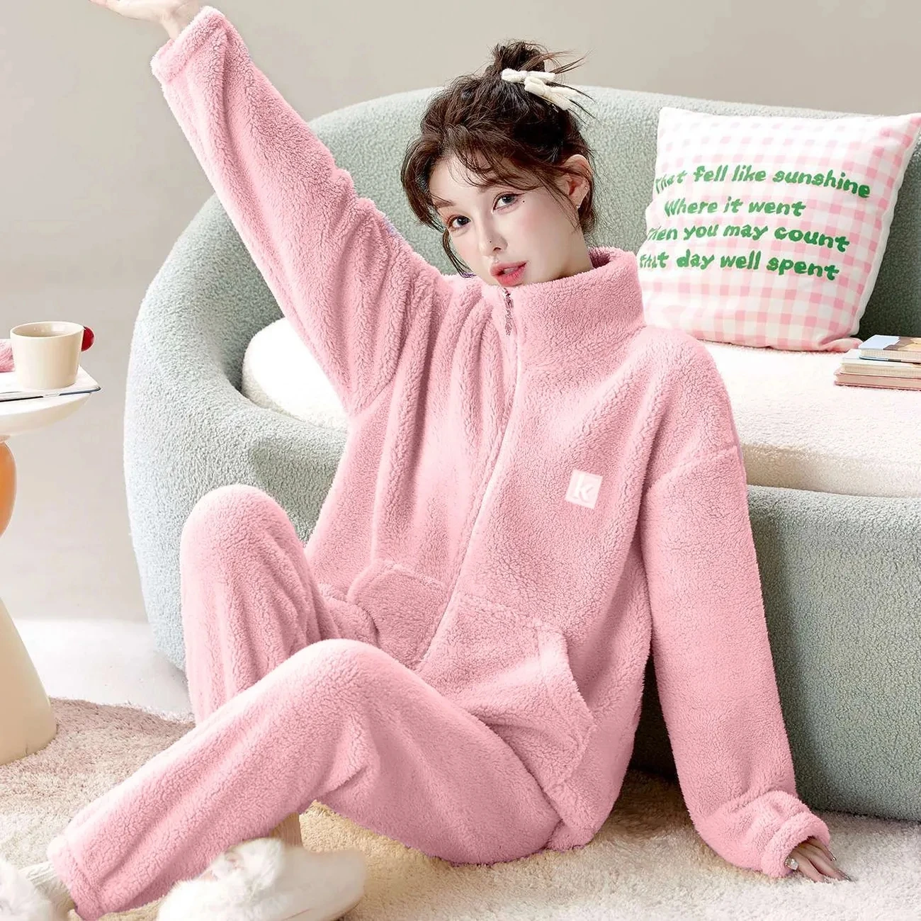 Winter Stand collar Thicken Zipper Pajamas Two-piece set Warm Women's Loose Flannel home Suit set Lady Casual Clothing