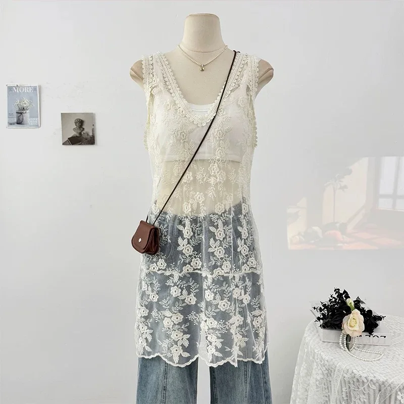 Slim Fitted Sheer V-neck Crochet Lace Sleeveless Tank Dress Women Summer Embroidery Mesh Cover Up Dress Transparent Beige Dress