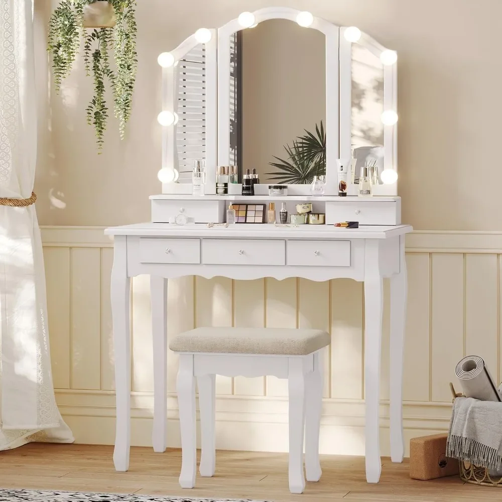

Vanity Table Set with Lighted Tri-Folding Mirror, Makeup Vanity with Lights & 3 Color Lighting Modes, Vanity Desk with Mirror