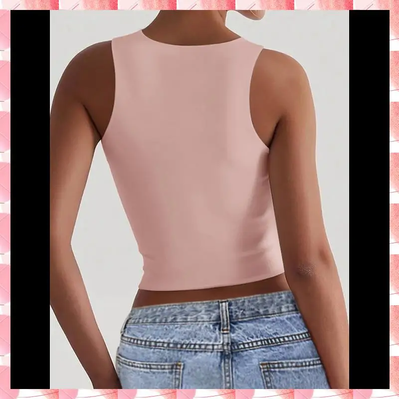 قطع علوية نسائية قصيرة بدون أكمام برقبة مربعة 2025 لطيفة بطبقة مزدوجة بدون خياطة بقصة ضيقة Y2k