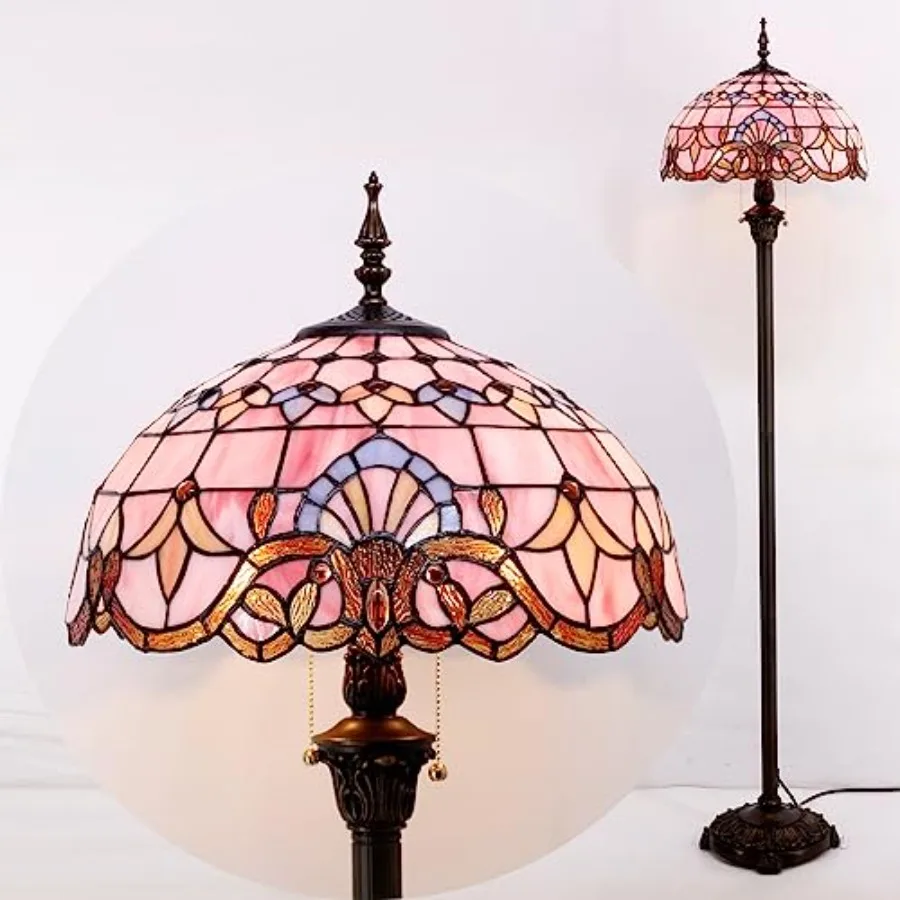 مصباح أرضي وردي باروكي من الزجاج الملون ضوء قراءة قائم 16X16X64 بوصة مصباح زاوية عمود عتيق ديكور لغرفة النوم