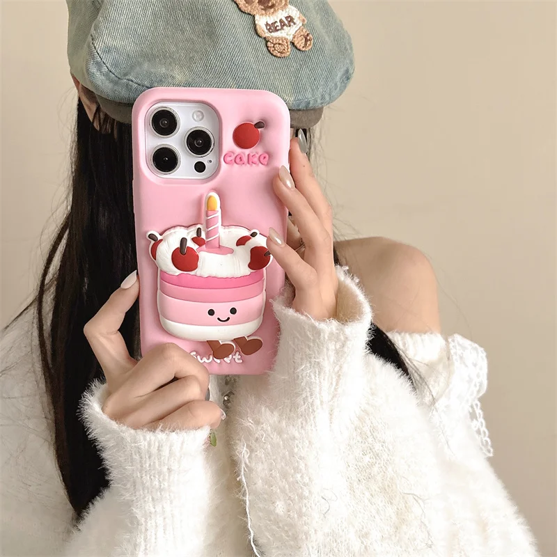 

Cute Phone cover For iphone 16 pro max silicone Soft case for iphone 15 14 Plus 12 13 Pro Max Max 3D Pink Cake Folding bracket