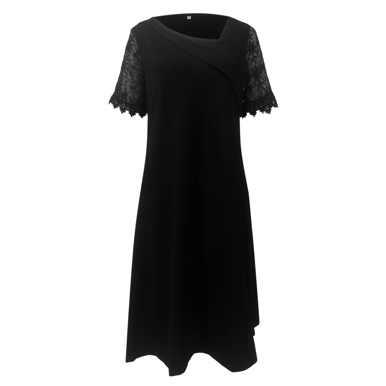 Frauen Sommer schwarze Spitze Midi Kleider lässig V-Ausschnitt Kurzarm Strand Urlaub Kleid für Frauen Strand Urlaub T-Shirt Kleid