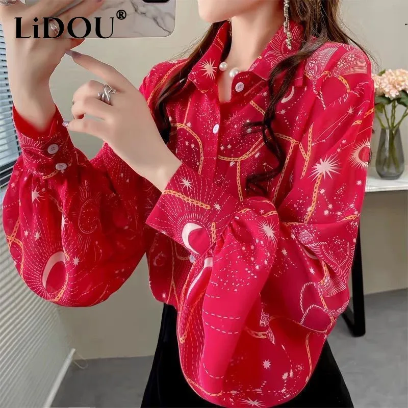 

Harajuku Elegant Long Sleeve Shirts Women Cardigan Printing Office Lady Blouses Popularity Loose Casual Tops FemmeYY70