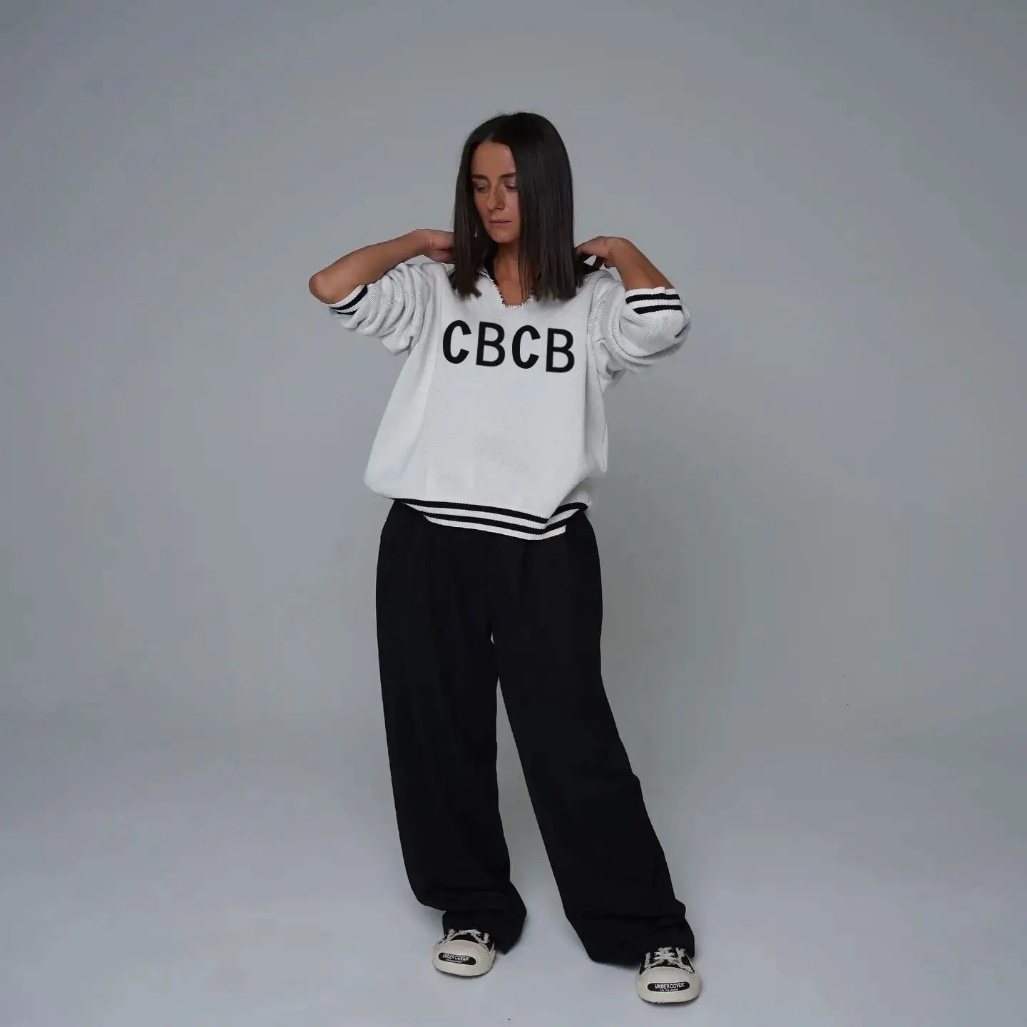 

CBCB 2026 New Letter Jacquard V-neck Women's Winter Casual Loose Lazy Wind Versatile Pullover Knitted Sweater