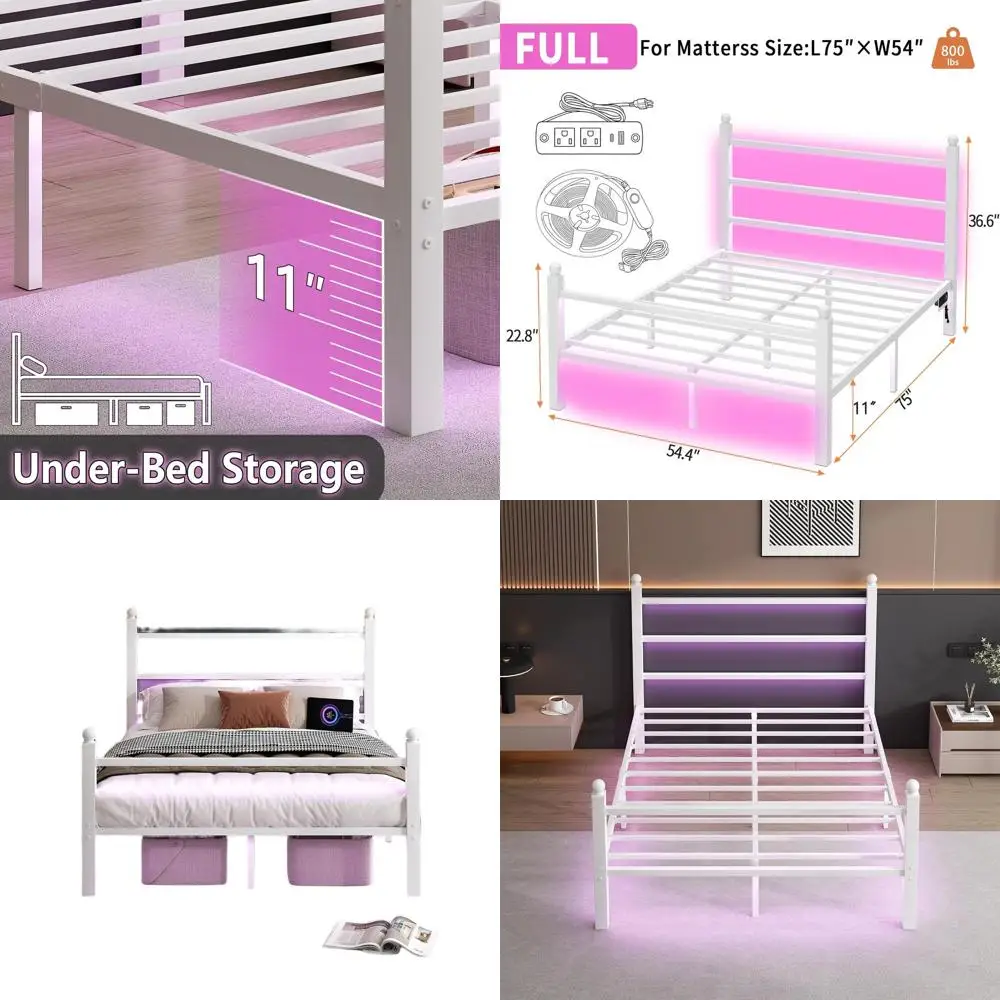 

Белый стальной каркас кровати с изголовьем, изножьем, светодиодными USB-портами, поддержкой матраса, хранилищем и бесшумным