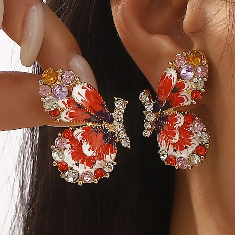 

Vintage-style colored enamel butterfly earrings, fashionable and exquisite, heavy-duty summer women's ear studs