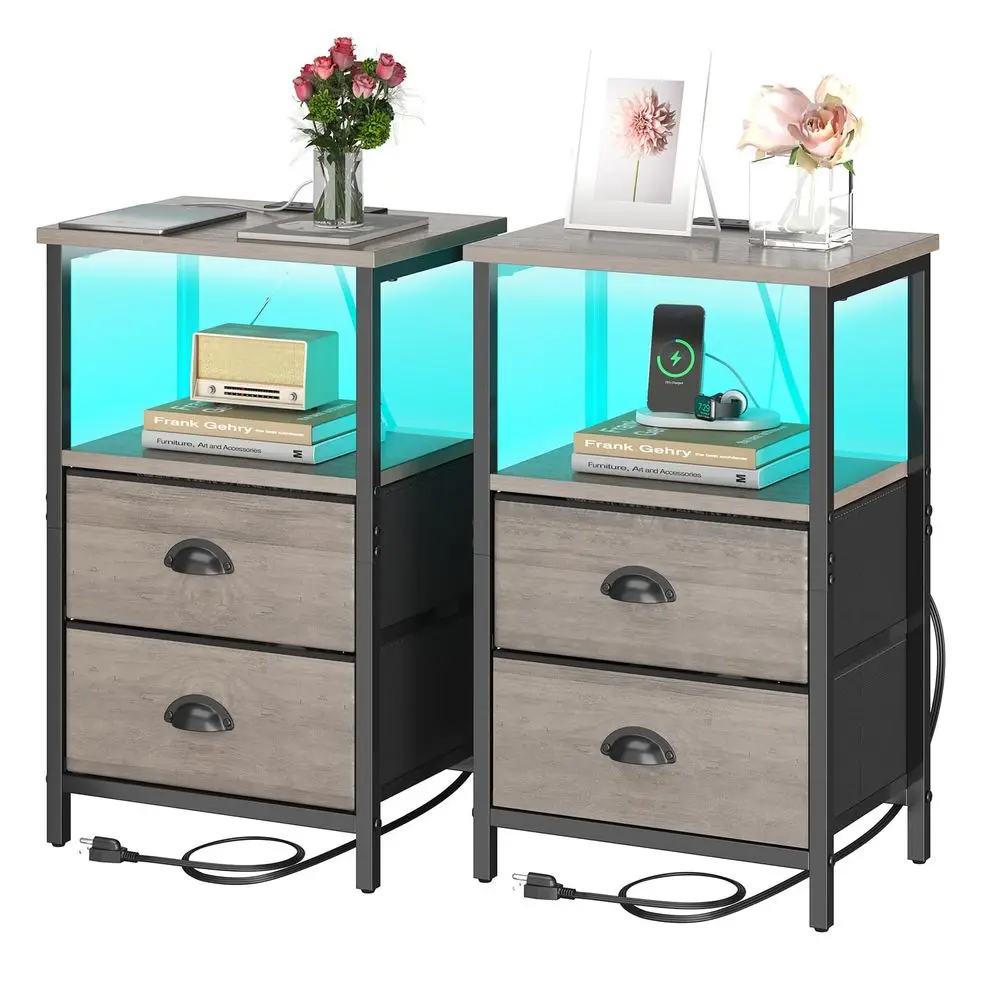 

Прикроватные тумбочки с зарядной станцией, комплект из 2 штук, с LED-подсветкой, с выдвижным ящиком, тумбочки для спальни с 2 тканевыми ящиками