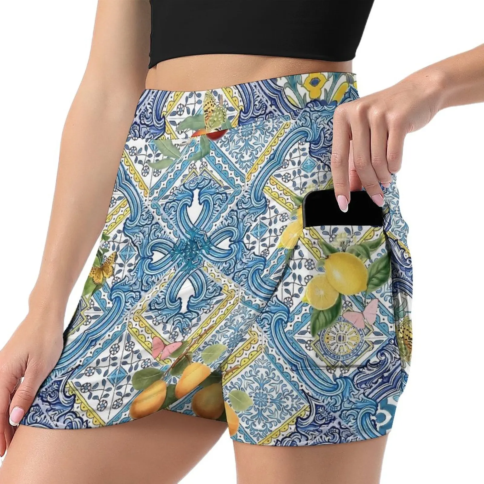 Retro Lemon Blue Tiles Skirt Summer Italian Citrus Fruit Fashion Casual A-line Skirts Modern Mini Skirt Female Short Bottoms