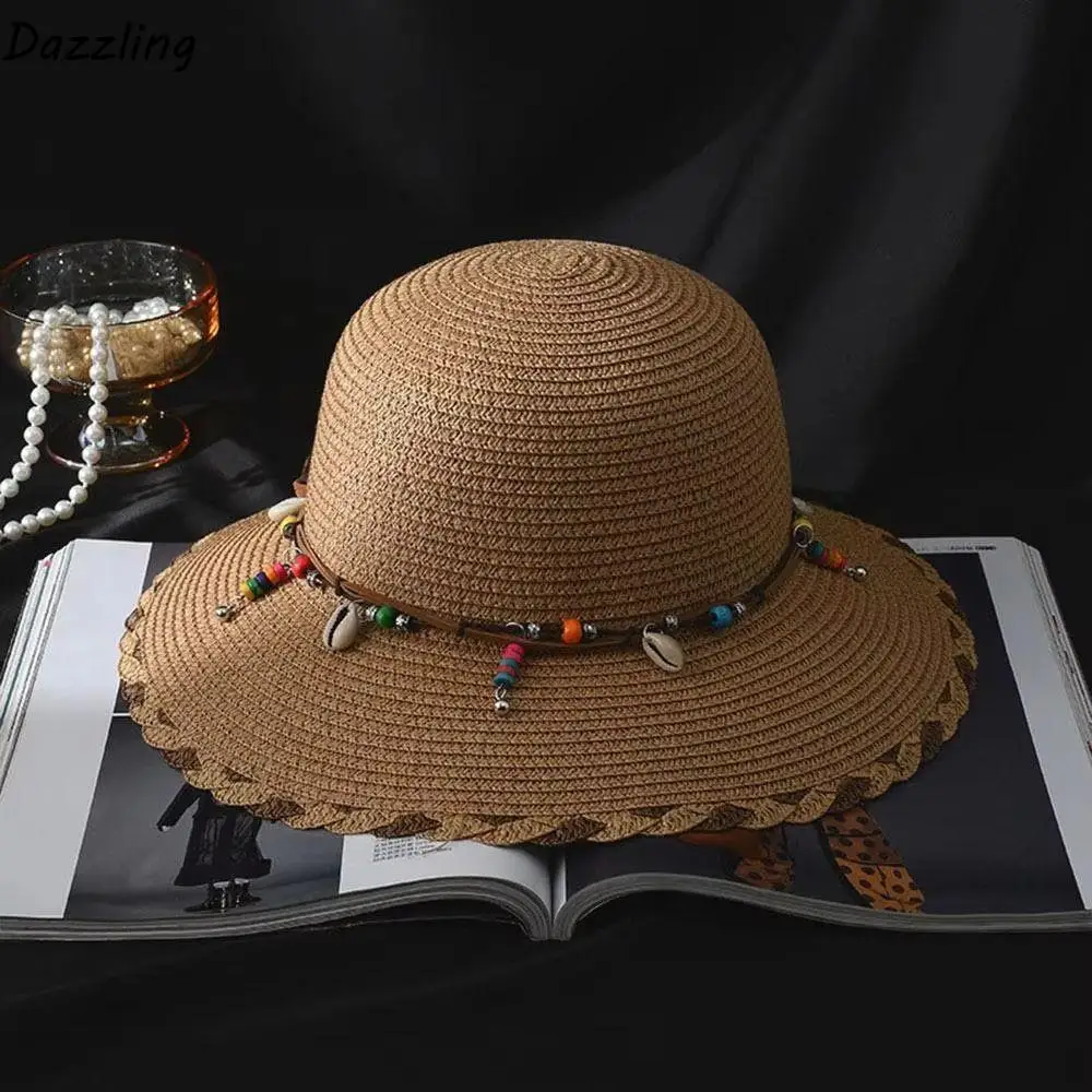 

Western Country Style Bohemian Beaded Strap Straw Hat Wide Brim Beach Folding Straw Hats Travel Spring Summer Women's Sun Hat