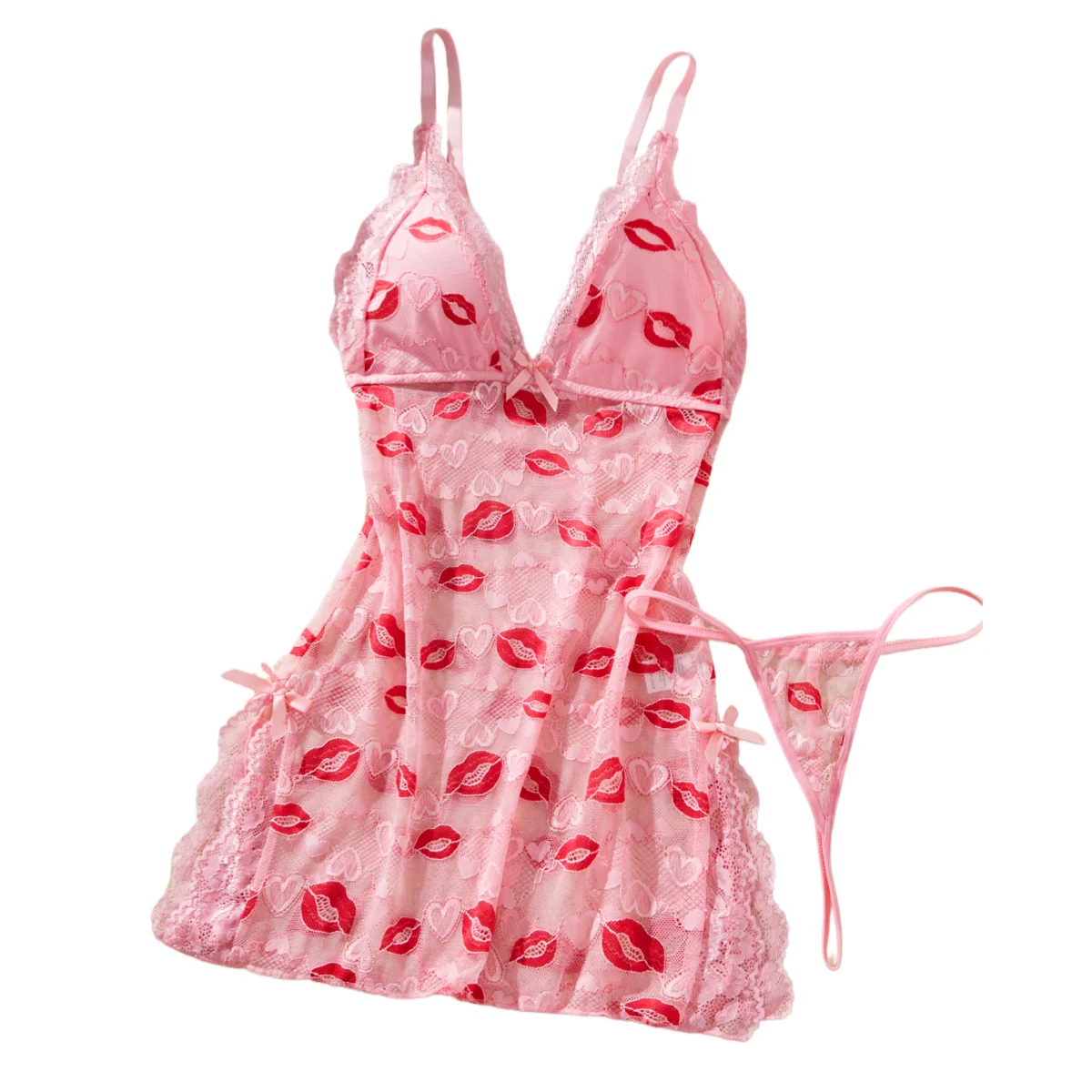 Sexy Deep V Transparent Lace Pink Ladies' Nightgown Women Erotic Costumes Ultra Short Temptation Dress Hot Babydoll Underwear