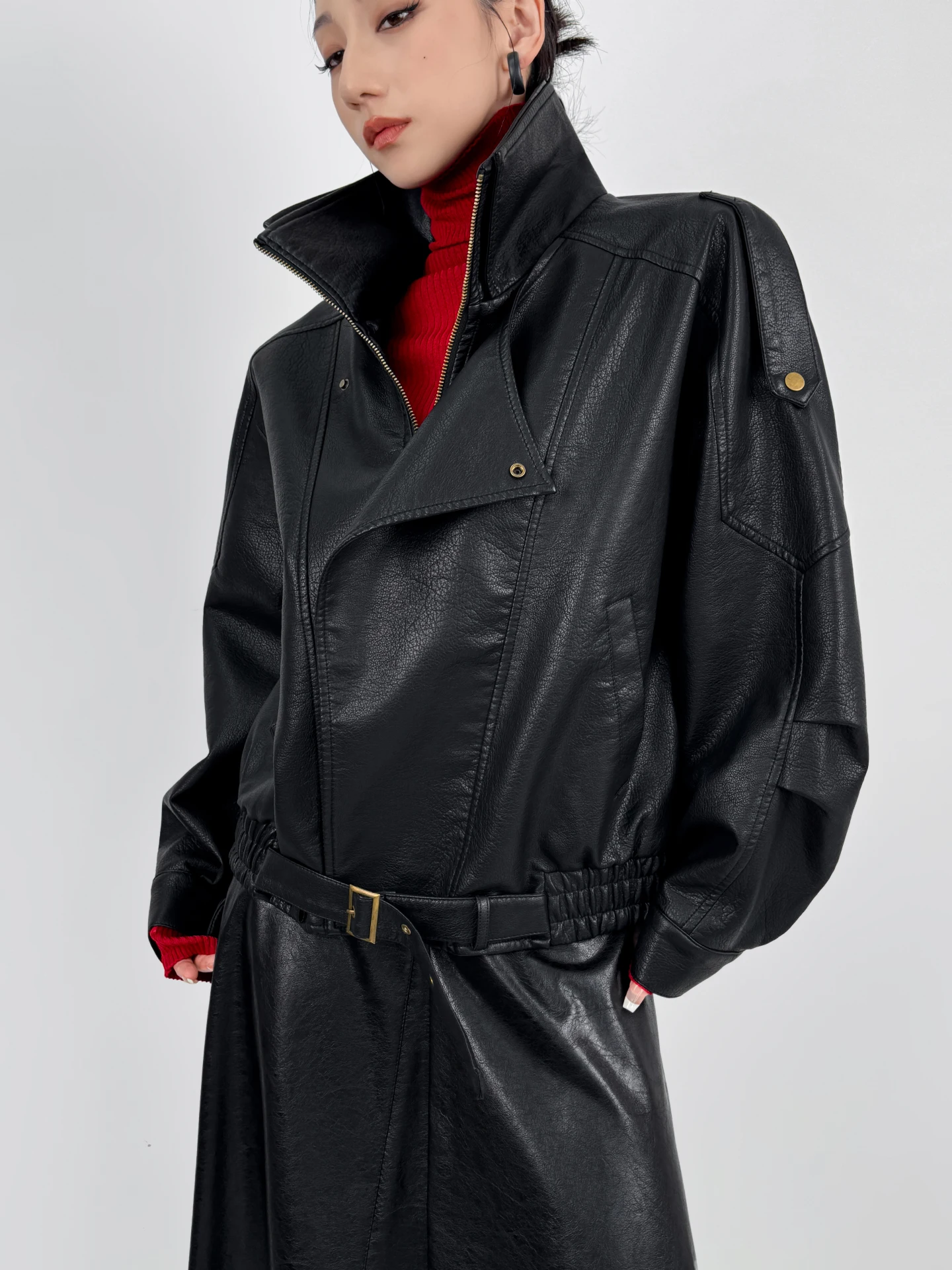 Double Z américain Cool moto col Jaet femmes ample décontracté Bla PU protéine cuir ort manteau Vintage Sle Long Sve