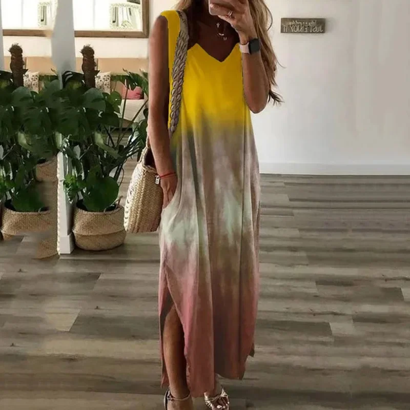 Summer Women\'s  Fashionable Women\'s Gradient Tie Dyed Printed Split Long Dress Casual V-neck Sleeveless Loose Long Dress