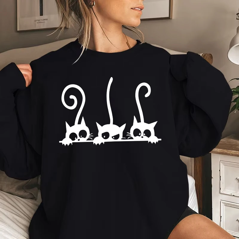 2025 Brand New Women O-Neck Long Sleeve Hoodies Cute Cat Printed Pullover All Season Girl Home Outdoor Casual Fashion Sweatshirt