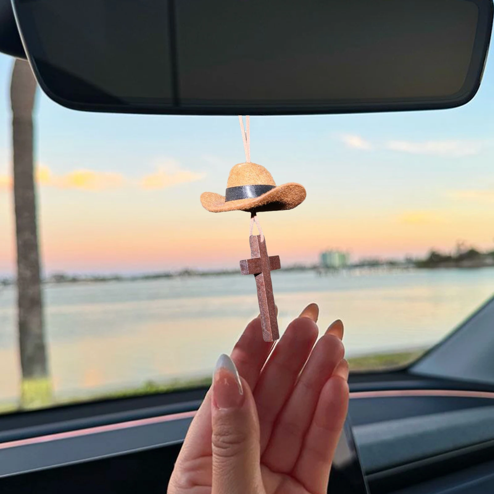 

Car Pendant Rustic Cross Cowboy Hat Ornament Western Car Decor Mirror Charm For Birthday Christmas Men Women Driver Interior