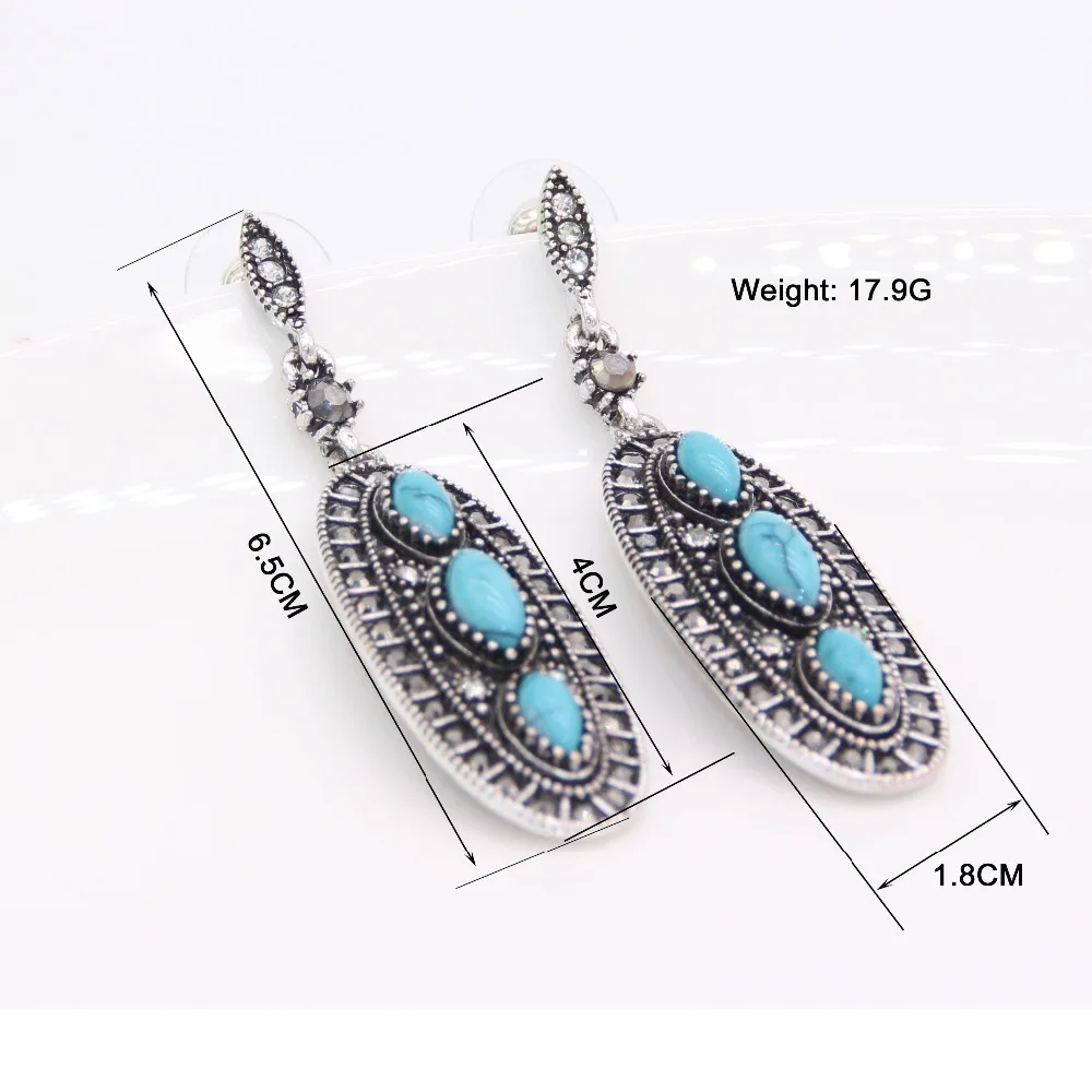 Sunspicems Vintage Turkish Women Drop Earrings Artificial turquoise Bohemia Long Earring Antique Silver Color Nepalese Jewelry