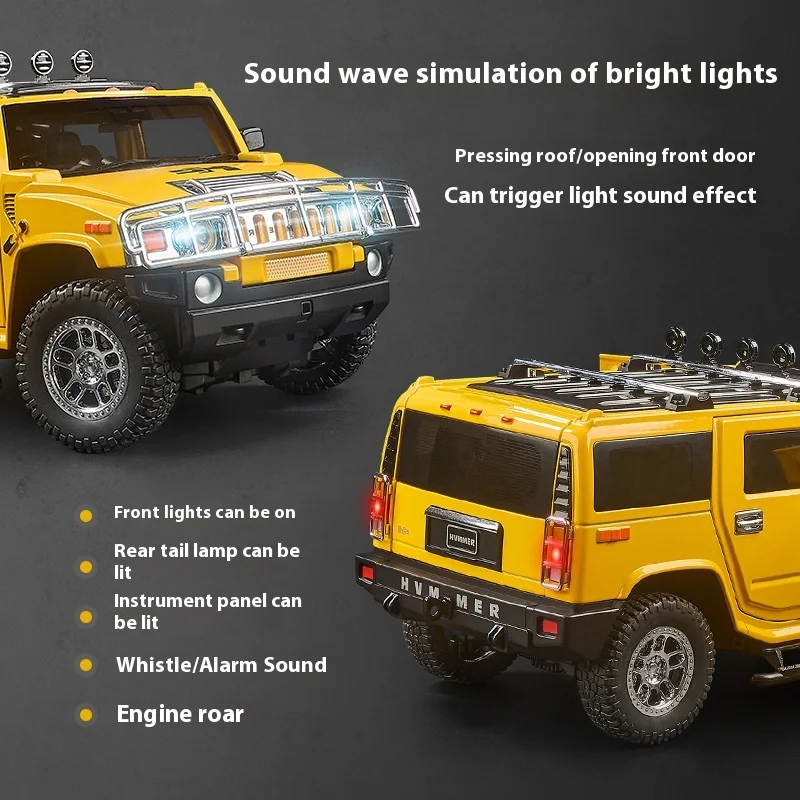 Large 1:18 H2 Alloy Off Road Car Diecast Metal Model Sound Light Pull Back Toy Collect Display Ornament Children Toy Gift