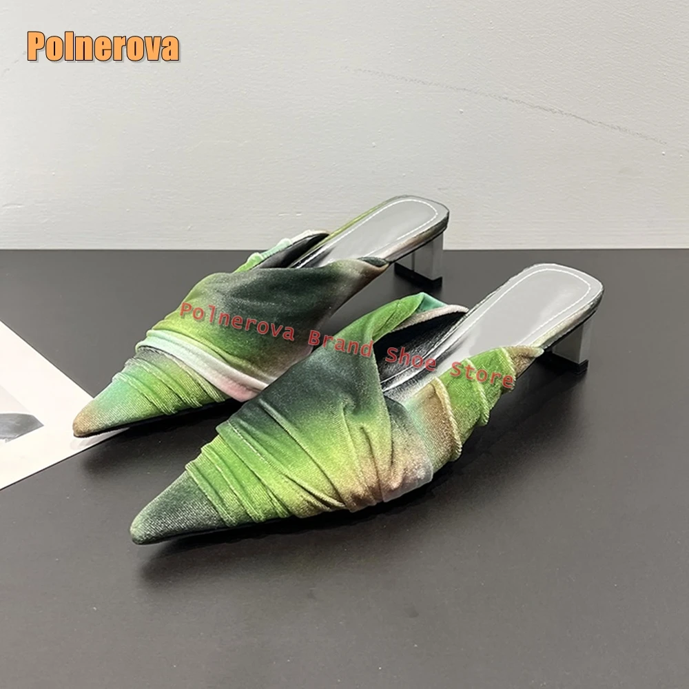 

Colorful Velvet Shallow Mueller Shoes Pointed Toe Blade Heel Slip On Ruched Sweet Lady's Pumps 2025 Spring New Style Slippers