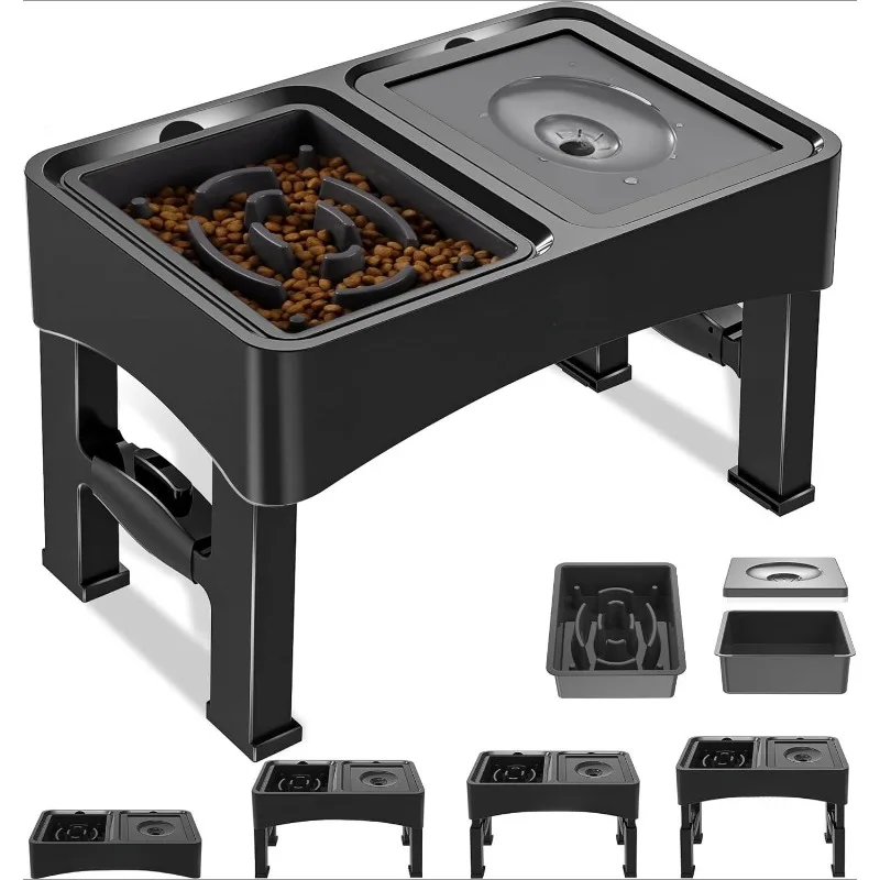 

2-in-1 Elevated Bowls Slow Feeder, 4 Height Adjustable Raised Stand No Spill Water Dispenser, Anti-Slip Food And Water Bow