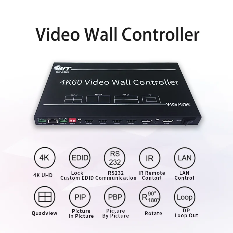 

Контроллер видеостены 4x6, вход 4K DP/HDMI, выход 1080P, многооконный дисплей, PIP, вращение, управление RS232/дистанционное управление/ПК
