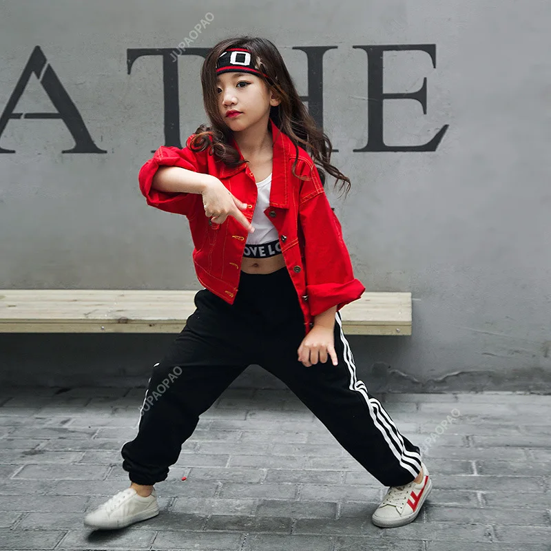 Hip-hop jazz dança wear crianças mostrar calça terno k-pop roupas de palco dança urbana roupas da menina 3 pçs vermelho preto branco trajes