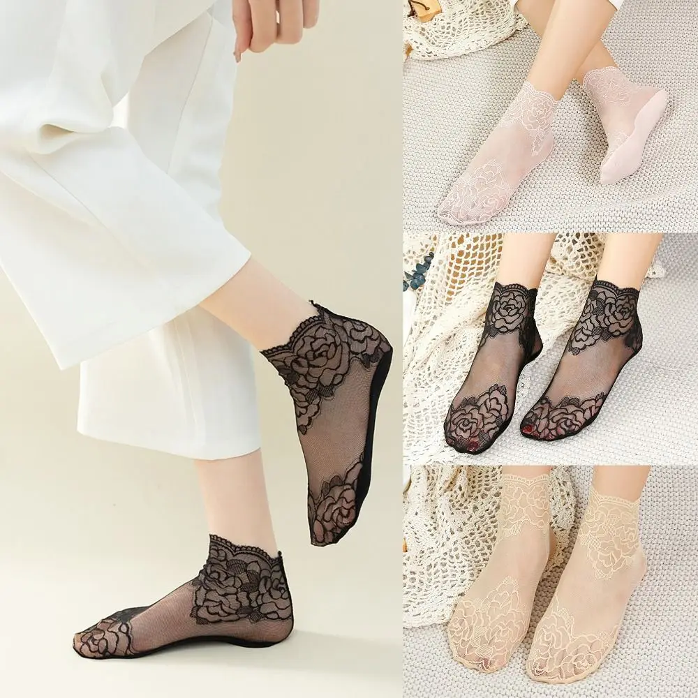 1pair Breathable Lace Flower Transparent Socks Mesh Anti-slip Invisible Ruffle Sock Cotton Ankle Socks Female