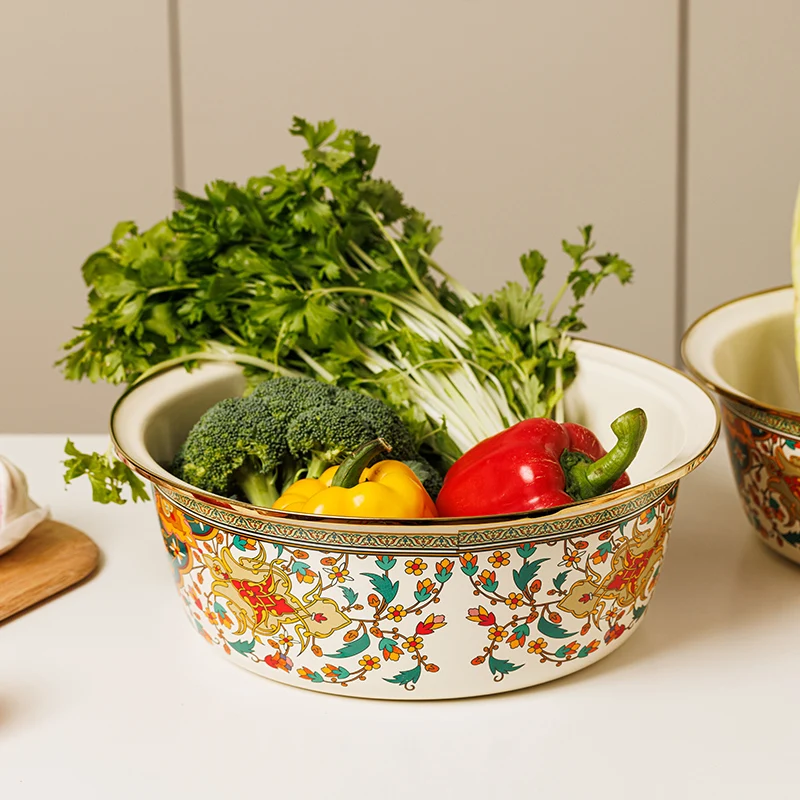 Classic Russian Enamel Bowl and Sink with Lid Prep Bowl for Chopping, Washing, and Tossing Vegetables Kitchen-Specific Bowl For