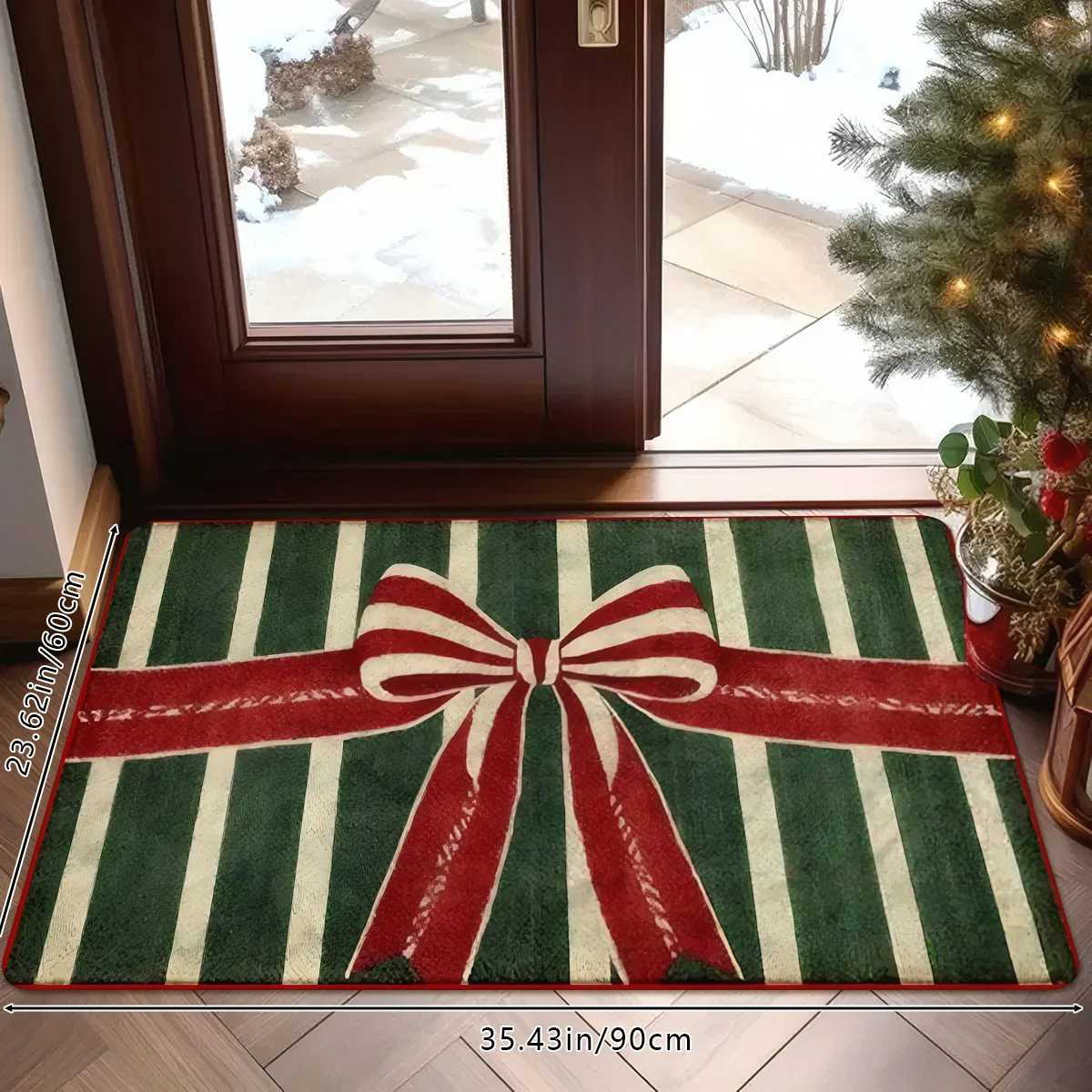 

Vintage Red Green Stripe Christmas Doormat, Festive Bow Welcome Entry Mat Non-Slip Soft Absorbent Rug for Indoor Holiday Deco