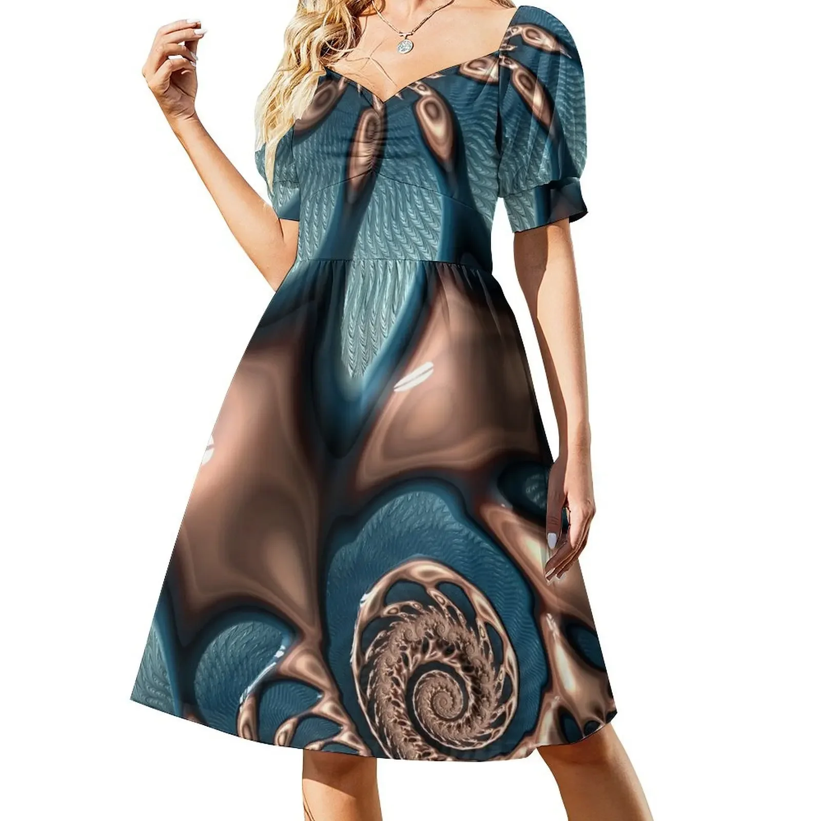 

Teal and Chocolate Swirl - Blue Brown Fractal Spirals Short-Sleeved Dress prom dress sexy short dresses daring dresses for women