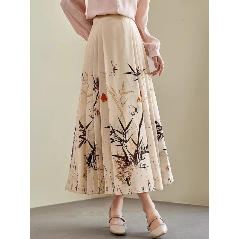 New Chinese Style Printing Improved Temperament National Autumn New Gauze Printing Improved Horse Face Skirt for Women