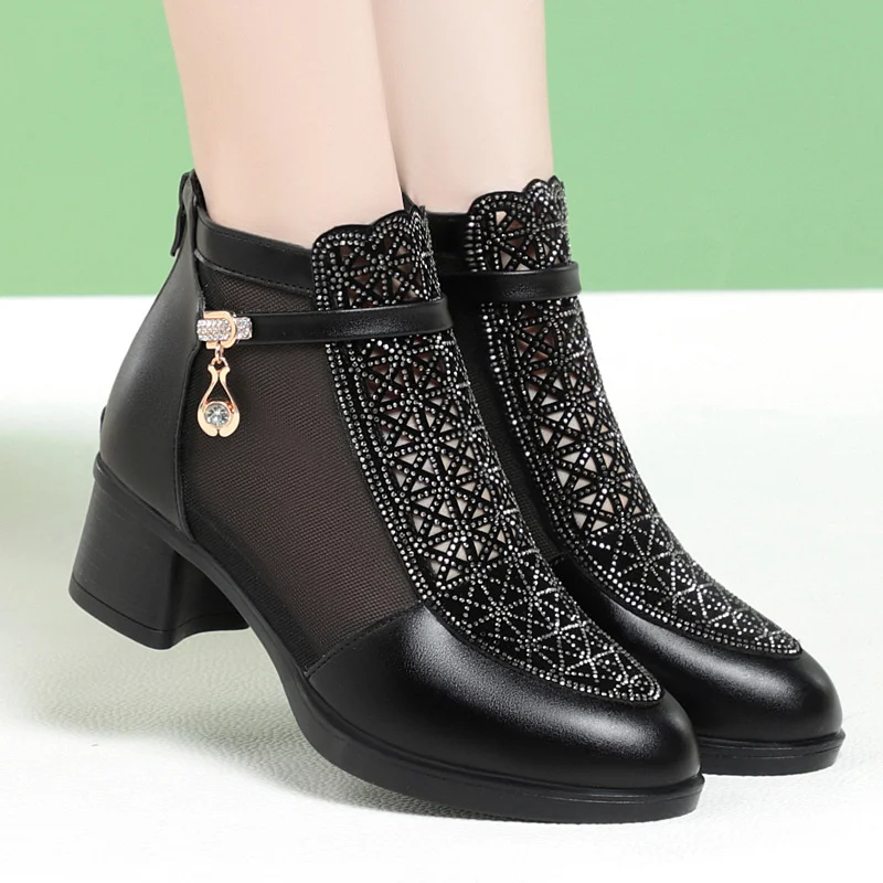 2024 Spring Summer Middle Heel Fashion Comfort Rhinestones Soft Leather Sandals Thick Heels Mesh Boots Hollow Women\'s Shoes