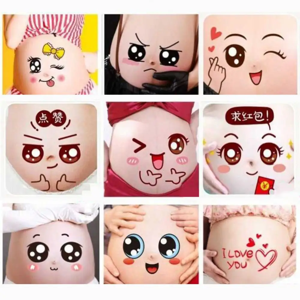 2Pcs Cute Cartoon Expression Pregnancy Photographs Belly Painting Photo Sticker Pregnant Facial Stomach Belly Sticker Photo Prop