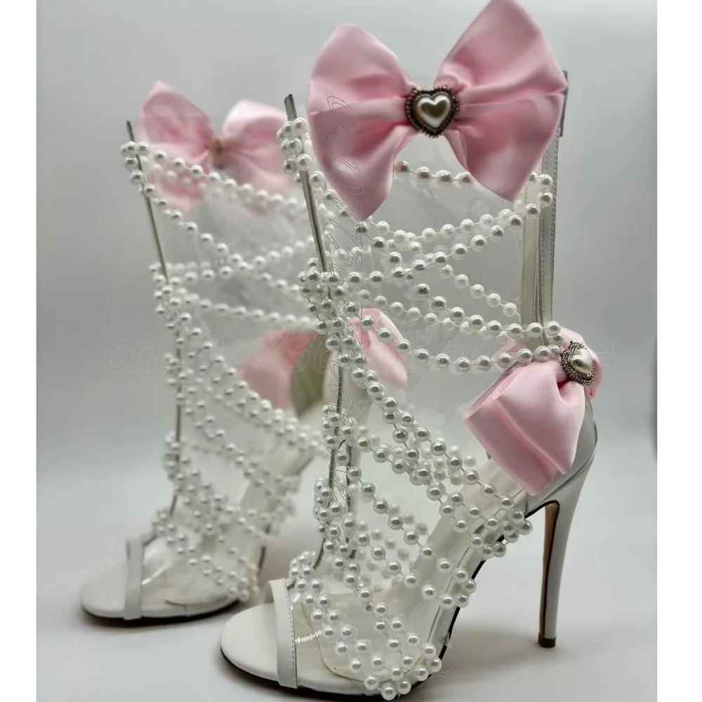 

Fashion Pearl Women's Shoes Transparent PVC Peep Toe Short Boots Pink Bow Tie Decoration Elegant Shoes 2025 Zapatos Para Mujere