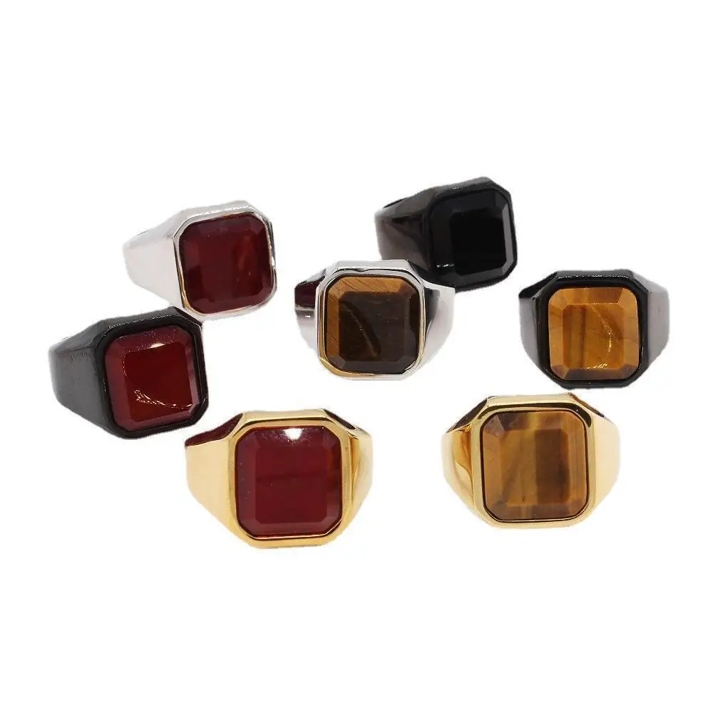 SAIYE Mens Rings Stainless Steel Natural Tiger Eye Stone Red and Black Stone Ring 316 Titanium Steel Fashion Jewelry Wholesale